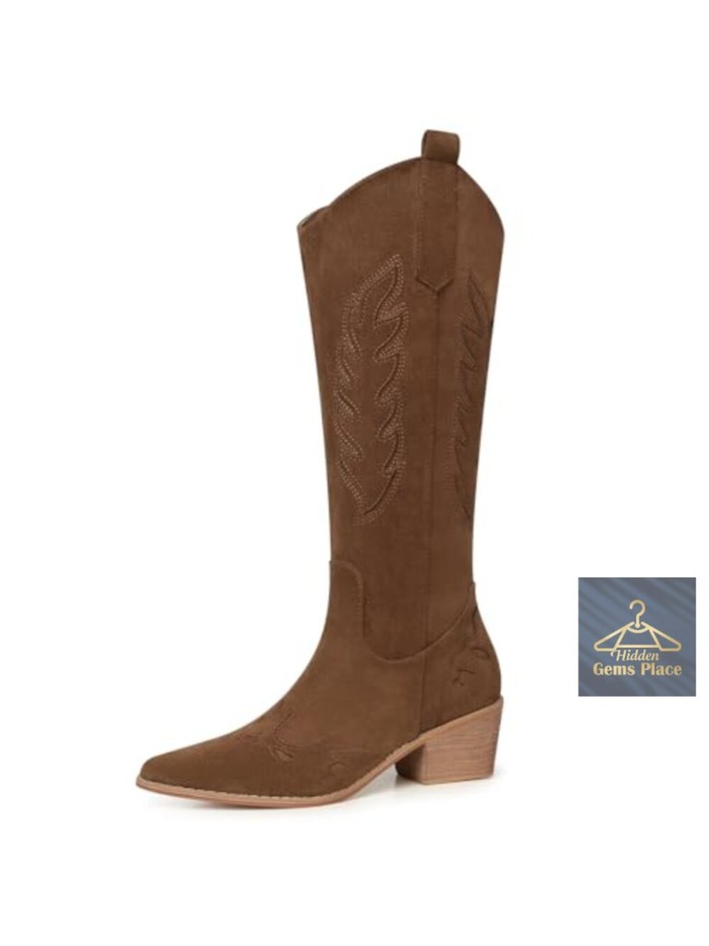 Suede Knee High Cowgirl Boots Women Tall Western Zipper Low Heel Pointed Toe